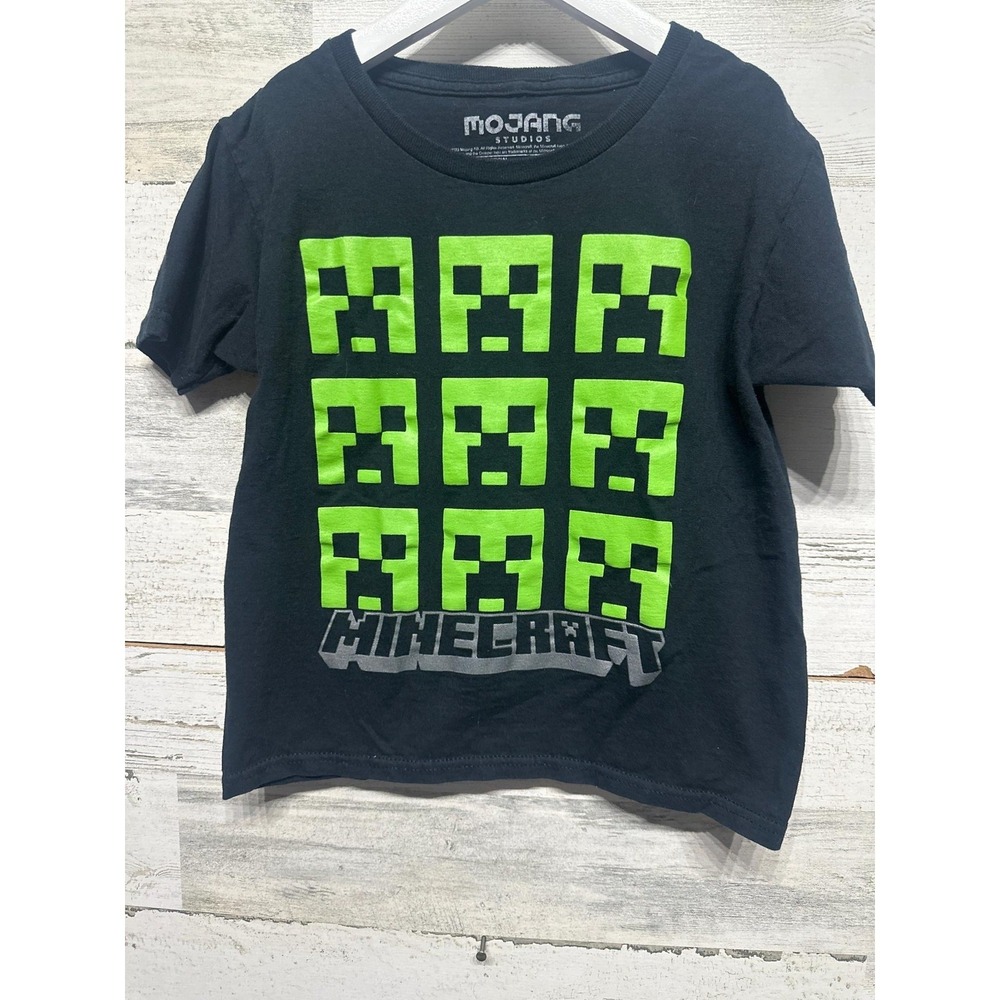 Minecraft T-Shirt Boys Size 6/7 Black‎ Green Creeper Face Graphic Tee